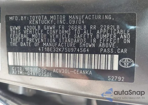 2005 Toyota Camry Le z USA, uszkodzony, nr VIN 4T1BE32K75U974564